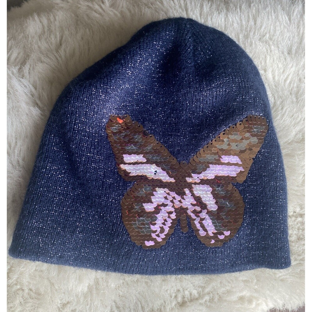 Girls 24Y Navy Glitter Winter Hat/ Cap w Sequins Butterfly